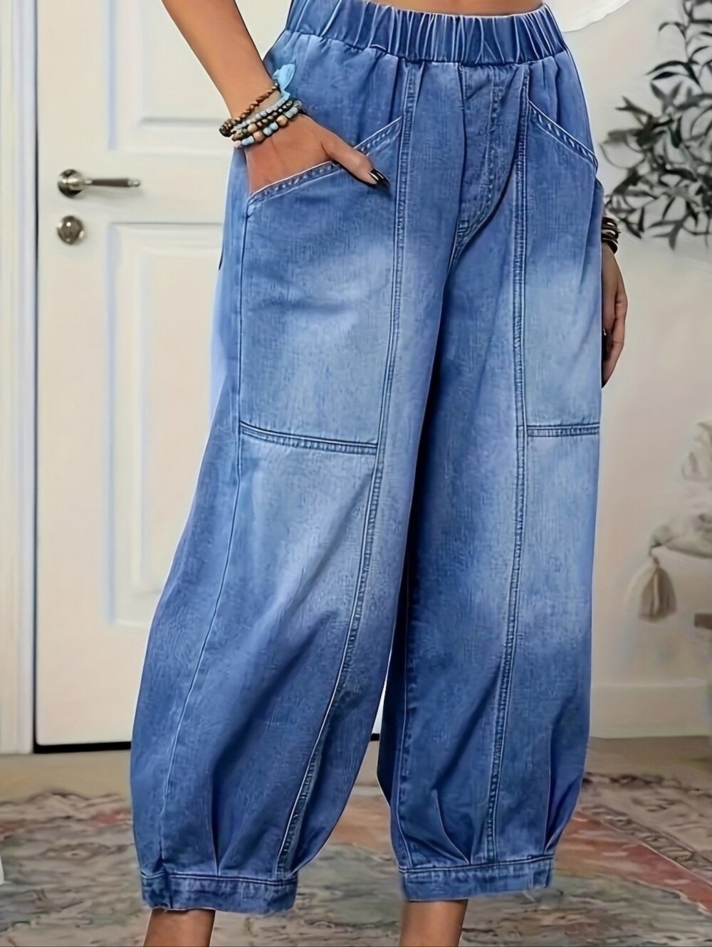 Blue Wide-Leg Elastic Waist Jeans Xl